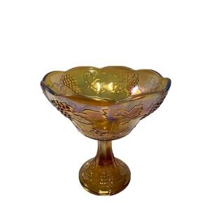 Vintage Amber Marigold CARNIVAL‎ GLASS Compote Pedestal BOWL Iridescent Grapes